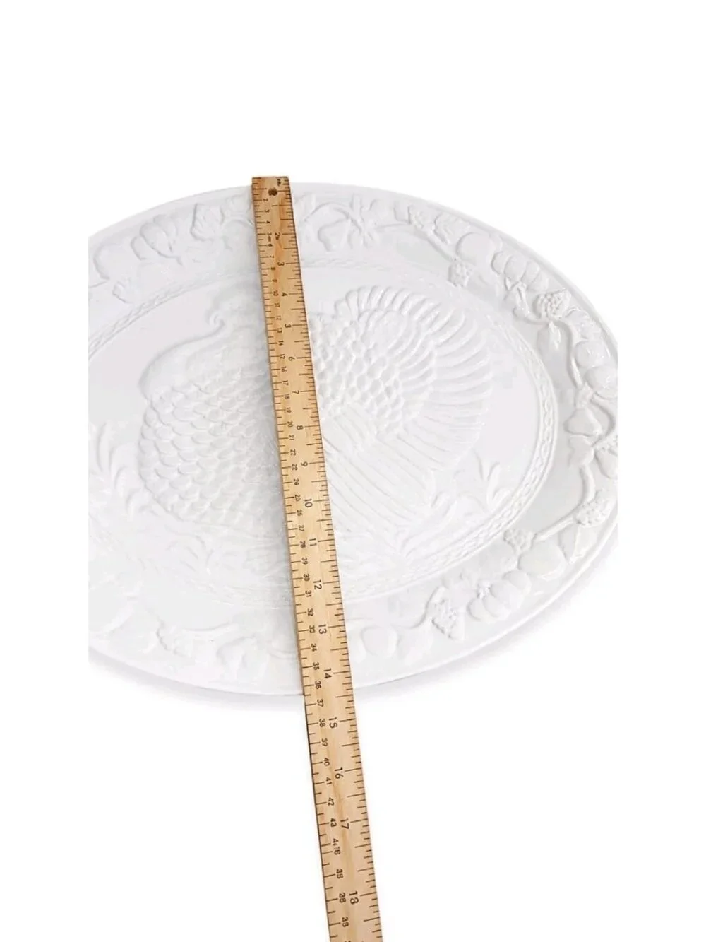 White Embossed Turkey Serving Platter Thanksgiving Harvest Ceramic Large w/ Box